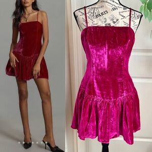 Anthropologie Maeve Drop-Waist Velvet Mini Dress Pink Sz M